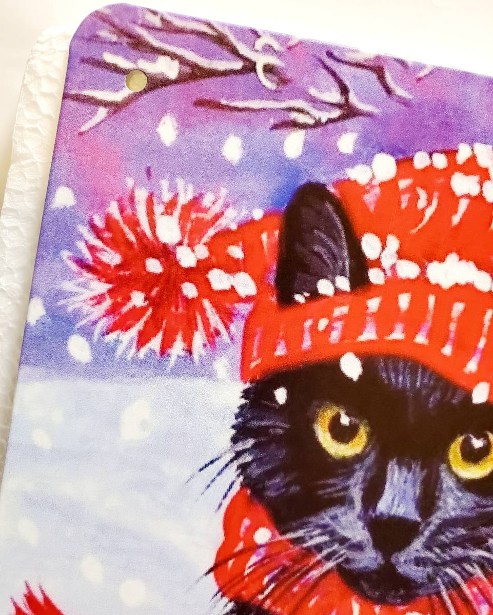 ブリキ看板　HANAKO　レトロ　猫の看板　D6　黒猫　雪景色　冬景色　クリスマス　ウェルカムボード_画像5