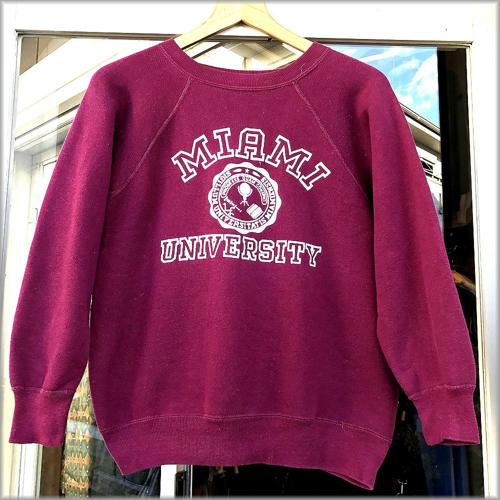 大人女性の ★60s MIAMI アメリカ USA製 50s 古着 トレーナー UNIVERSITY ビンテージ カレッジ スウェット フロッキープリント★検 Sサイズ 大人女性の ★60s MIAMI アメリカ USA製 50s 古着 トレーナー UNIVERSITY ビンテージ カレッジ スウェット フロッキープリント★検 Sサイズ