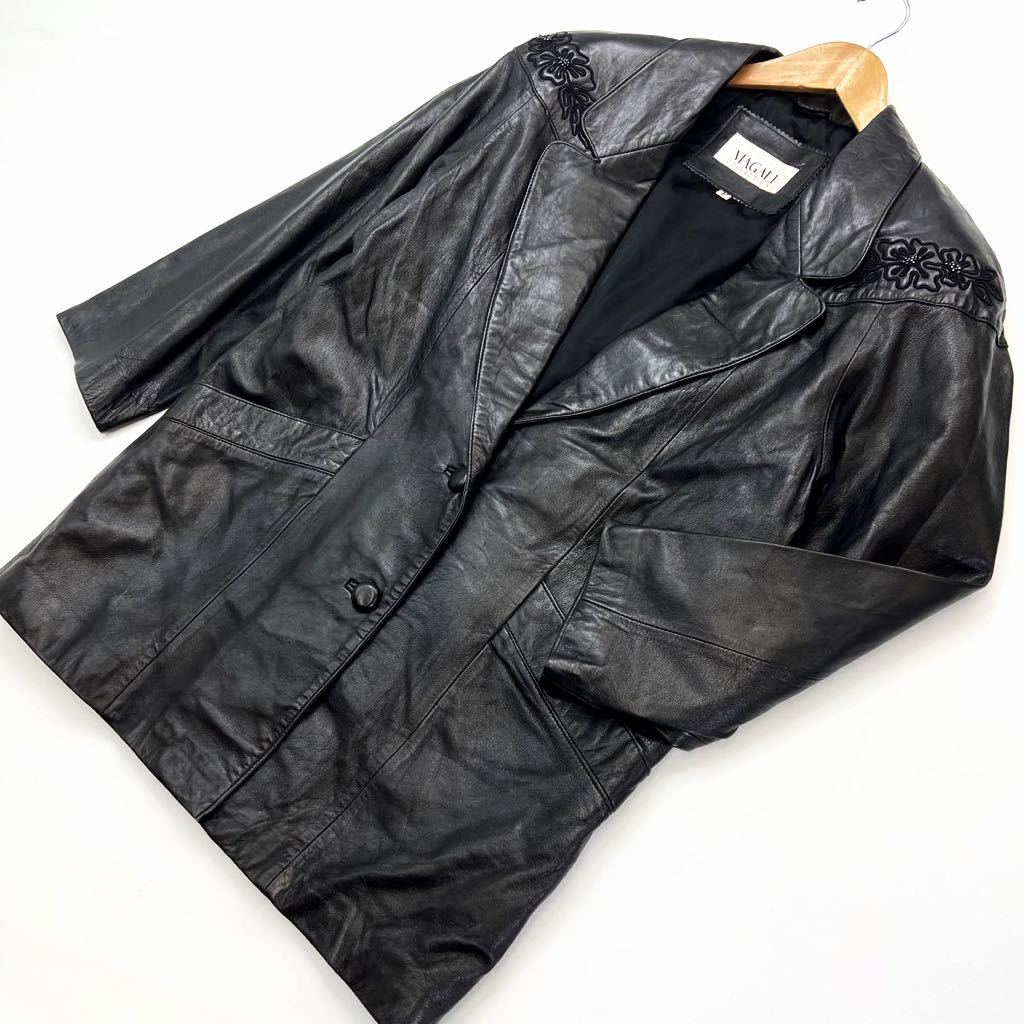 MAGALI ☆ マガリ 高級品◎ ラムレザー 羊革 レザー コート ジャケット フリーサイズ ブラック さらっとモデルのように着したい♪■AF209