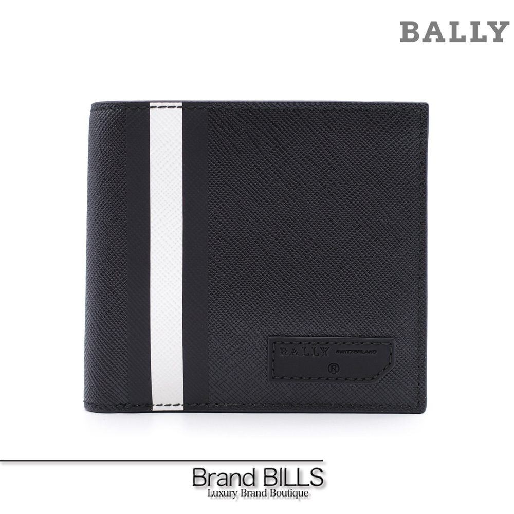 新品 BALLY バリー 二つ折り 札入れ 財布 レザー ブラック 6224356 ストライプ カードケース 黒 メンズ
