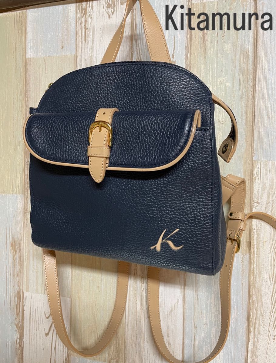 美品】Kitamura キタムラ元町 本革 リュック ネイビー 紺 レザー