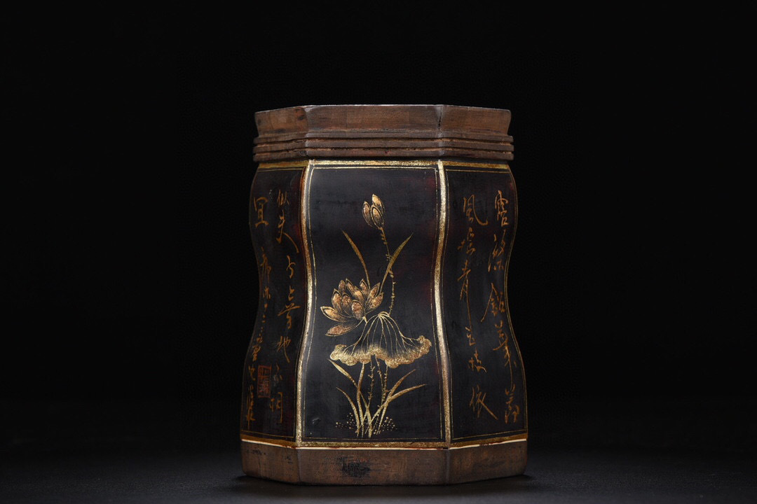 館蔵珍品 木胎 描金 花卉紋 筆筒 漆器 中国古美術121073 収蔵品
