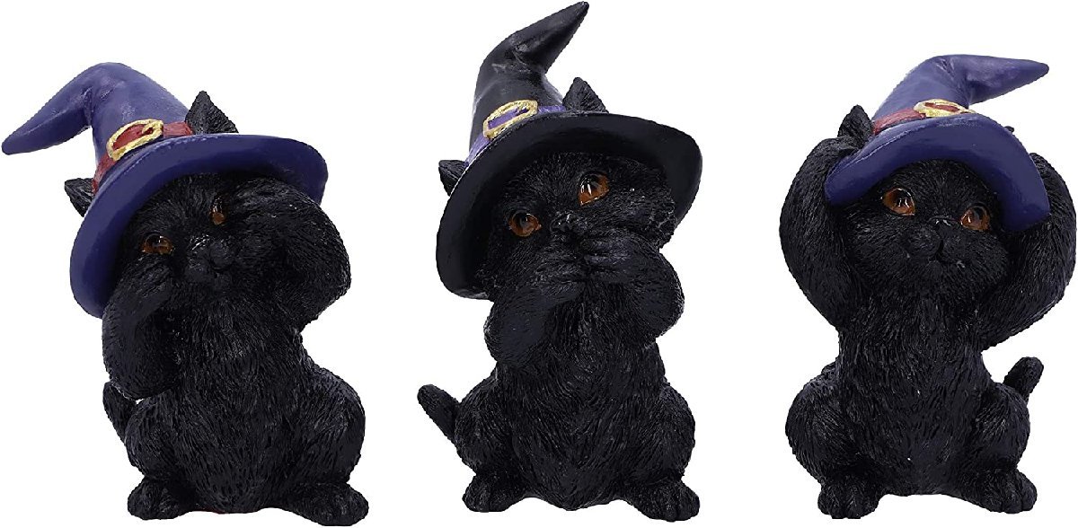 3匹の賢い、黒猫（クロネコ）「見ざる聞かざる言わざる」三猿ポーズ 置物彫像 アート彫刻 リビング(輸入品)