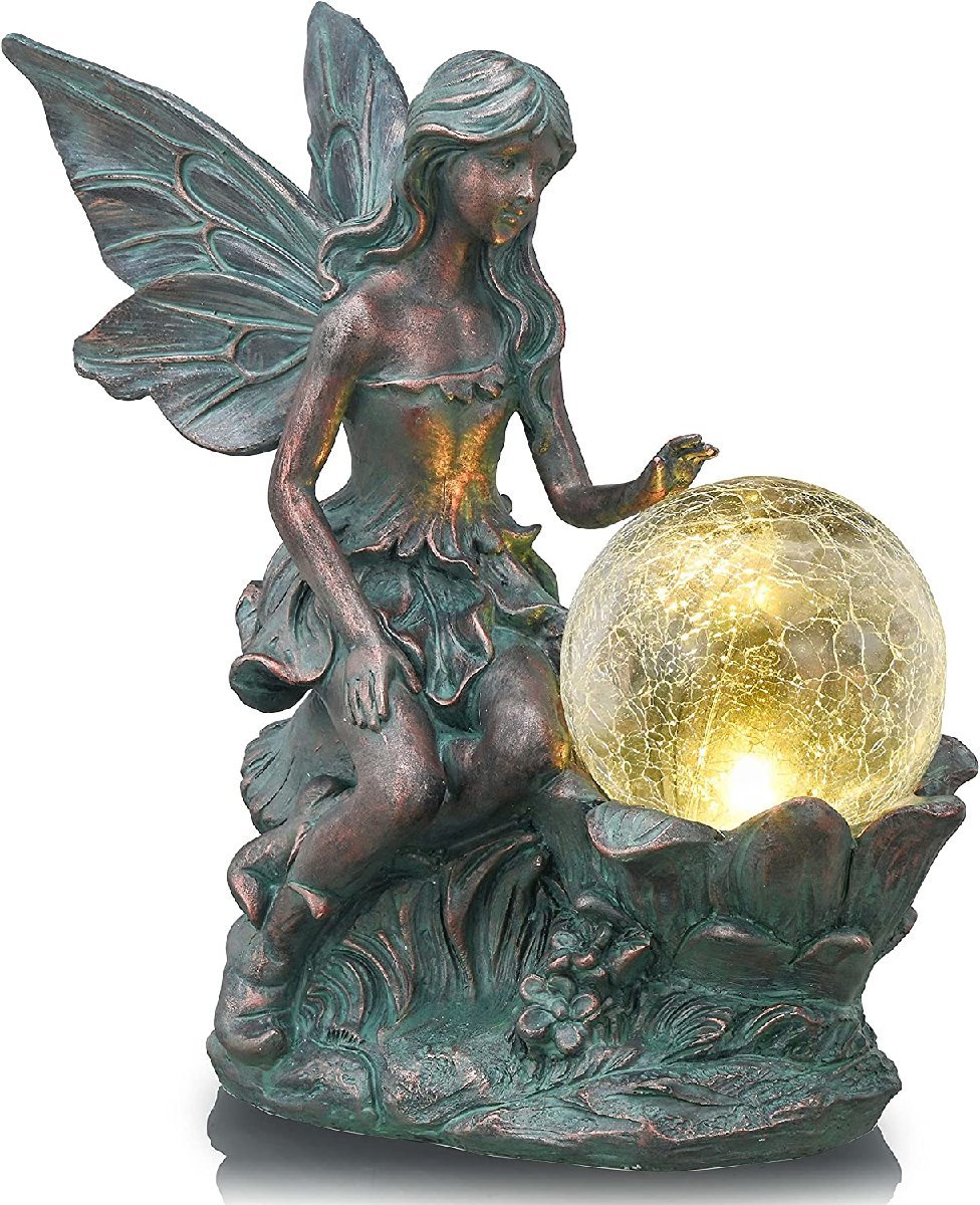 妖精のガーデン彫刻 ソーラーライト付き ガラスグローブ置物彫像 ブロンズ風フィギュア庭園アート(輸入品_画像1