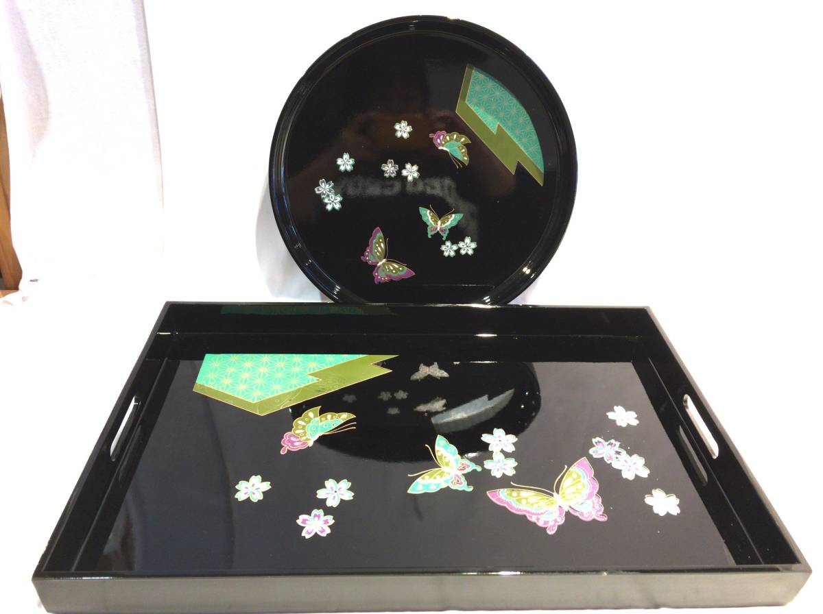 #8080# unused # lacquer ware O-Bon set angle tray circle tray length hand tray .. butterfly floral print 