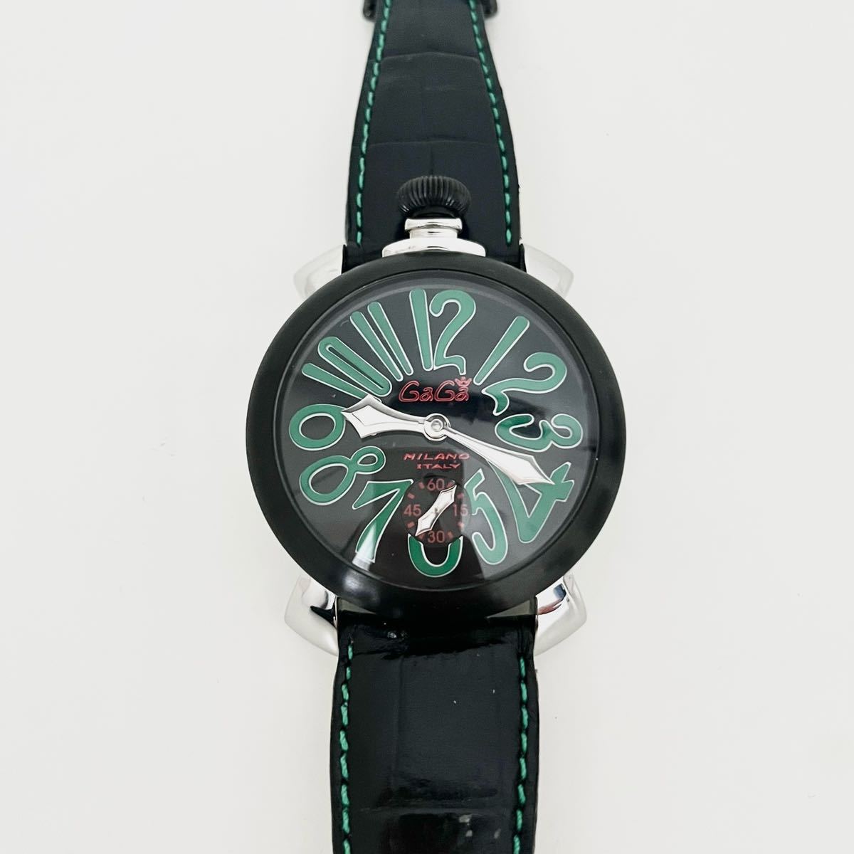 【美品】【GaGa MILANO/ガガミラノ】マヌアーレ 48MM 腕時計 5013.02S メンズ ステンレススチール レザー 革ベルト 手巻き ブラック×緑