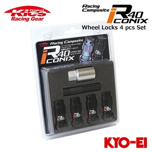 協永産業 Kics レーシングコンポジットR40 アイコニックス ロックナット4pcsセット M12×P1.5 ブラック/レッド アルミ製キャップ_画像1