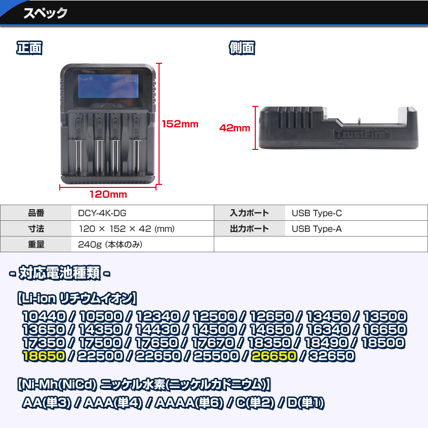 18650 急速 充電器 26650 バッテリーチャージャー QC3.0 対応 リチウムイオン電池 4スロット マルチチャージャー Li-ion/Ni-Mh(NiCd)対応