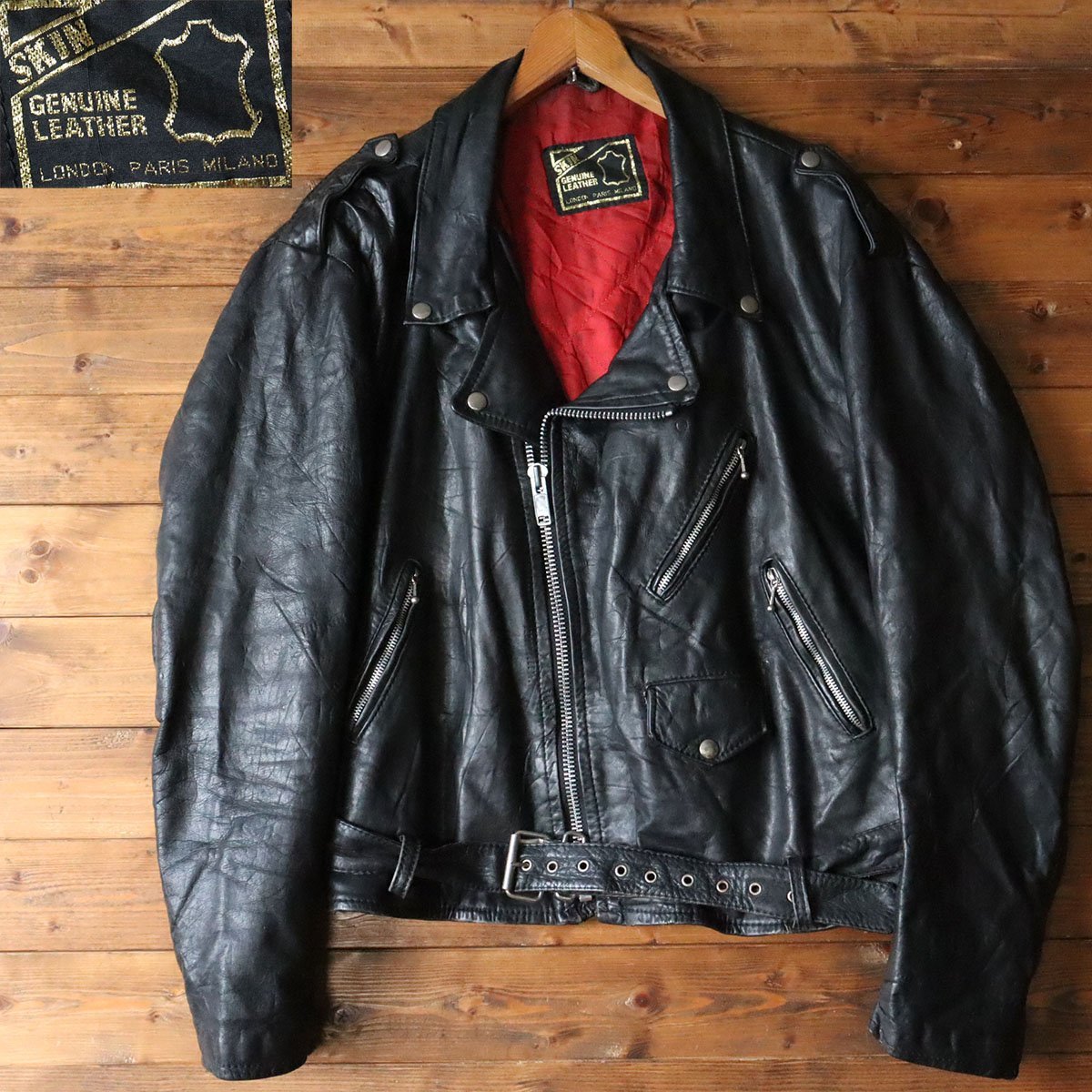 E4S/s12.3-1 SKIN GENUINE LEATHER ダブルライダース 本革 レザージャケット バイカー 革ジャン 皮ジャン メンズ 50 ブラック