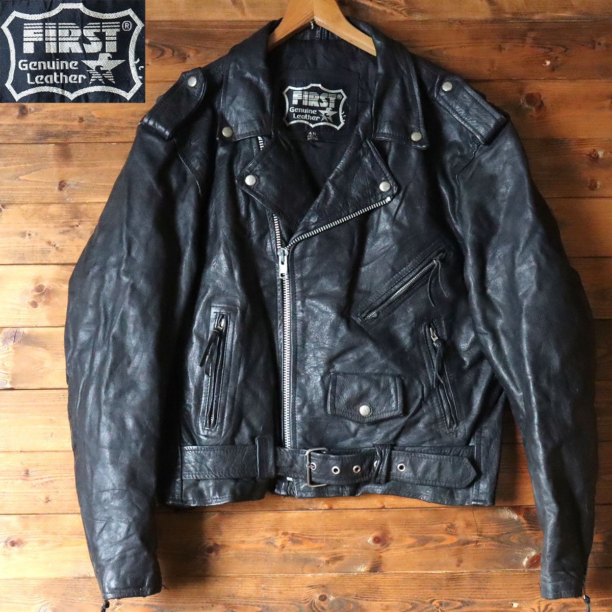 N6S/s12.2-2 FIRST GENUINE LEATHER ダブルライダース 本革 レザージャケット バイカー 革ジャン 皮ジャン メンズ 46 ブラック