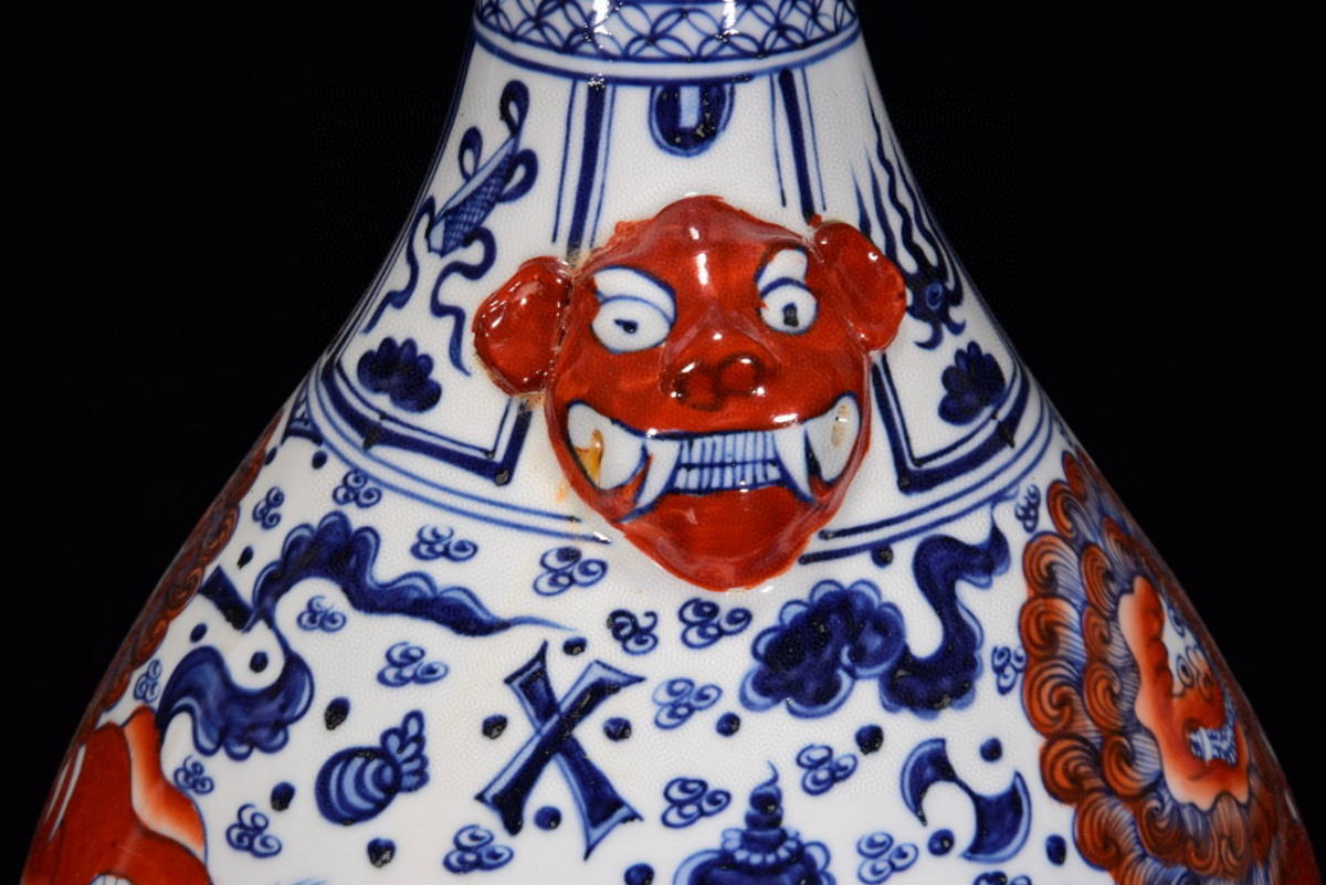 ◆明神◆極上珍品・中国・元時代・礬紅獅紋玉壺春瓶一対・染付・時代物・案頭置物・古陶器・古董品・古美術　_画像5