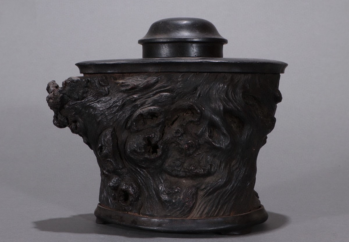 ◆明神◆極上珍品・中国・清時代・錫彫・嵌め樹瘤茶葉罐・手彫り・置物・中国古美術・古董 品・古彫件