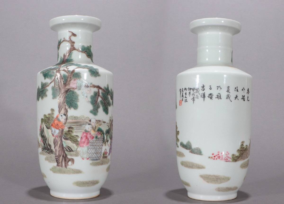 ◆明神◆極上珍品・中国・清時代・粉彩童戯図槌瓶・染付・時代物・案頭置物・古陶器・古董品・古美術