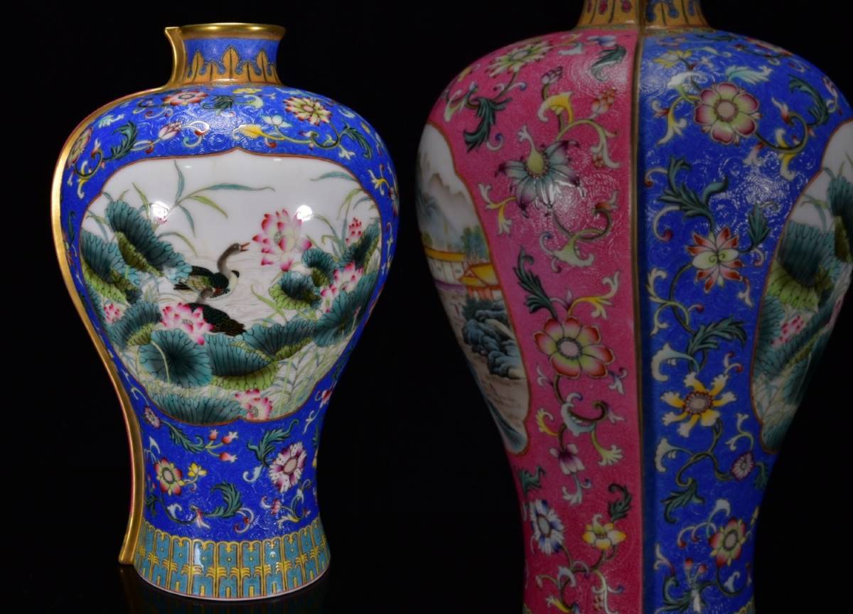 M◇明神◇極上珍品・中国・清時代乾隆・粉彩描金山水双色梅瓶・染付 ...