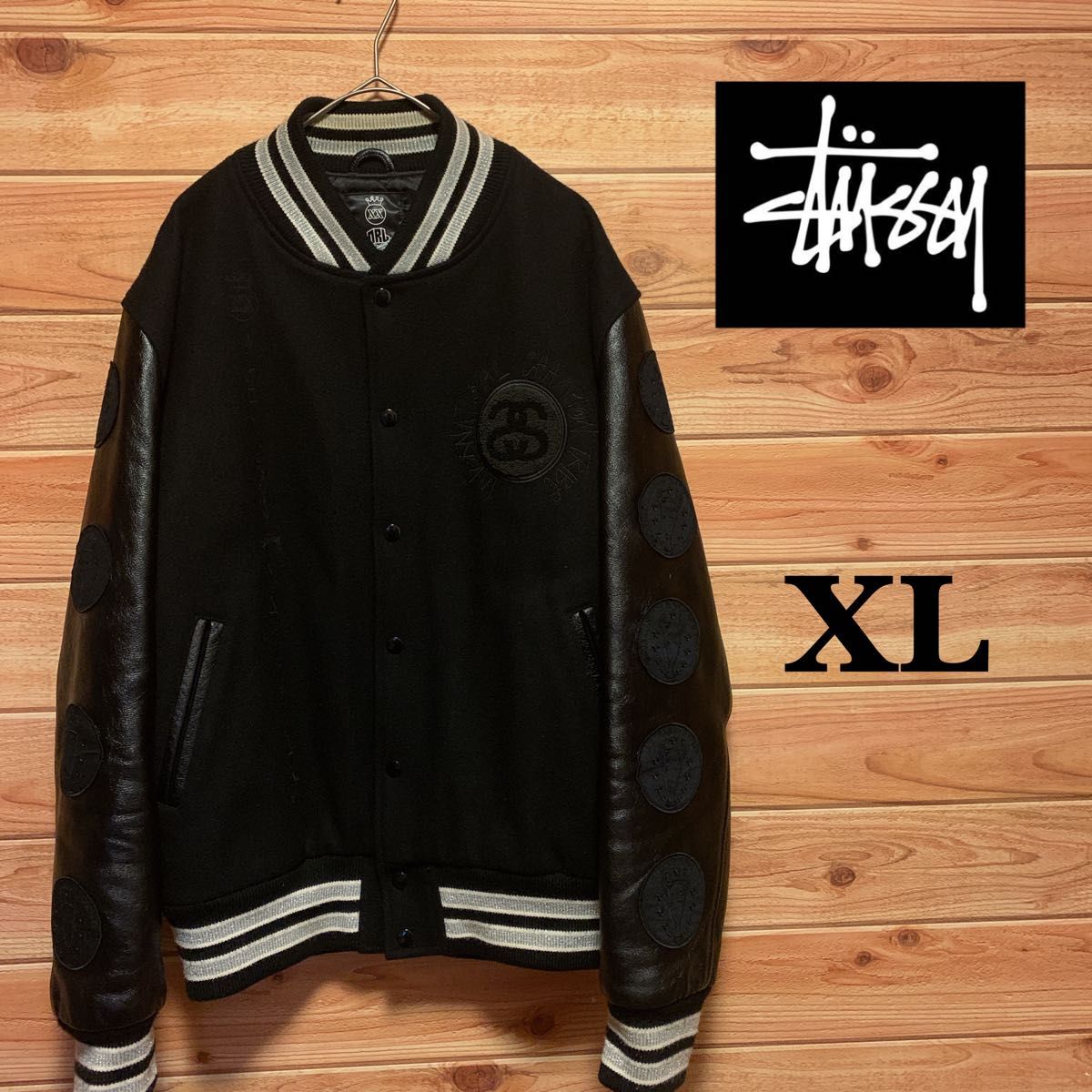 STUSSY×NINE RULAZLINE VersityJacketBLACK スタジャン 袖レザー 袖革 スタジアムジャンパー