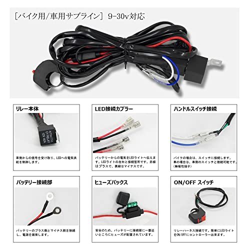 RCP バイク用/車用 ライト用リレーハーネス フォグランプ 配線キット ハーネスキット スイッチ付 ハイパワー LED作業灯向け_画像3