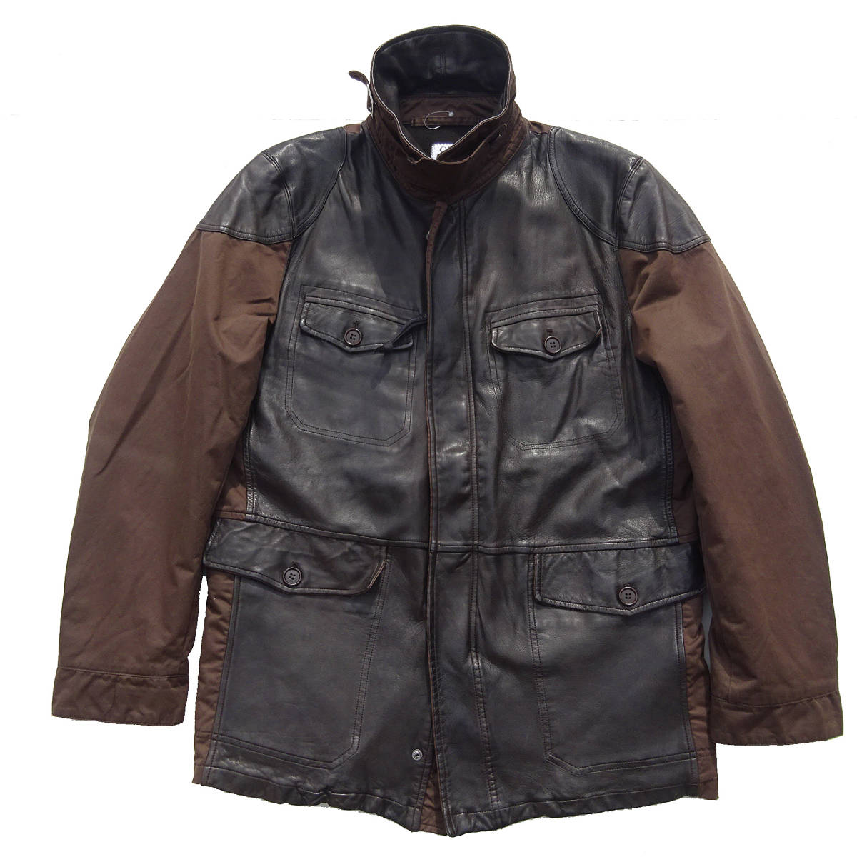 正規良品05AW C.P. COMPANY CP カンパニー 本革レザー 切替 オーバージャケット カバーオール ハンティンングコートブラウン46 M51M65_画像2
