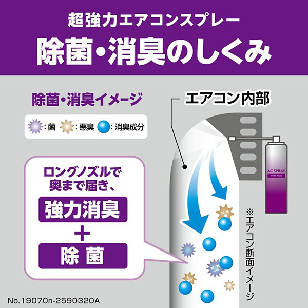 超強力エアコンスプレー消臭 銀 ホワイトムスク 車用 奥までロングノズル 除菌 カビ ウイルス等 カーメイト D257 ht_画像2