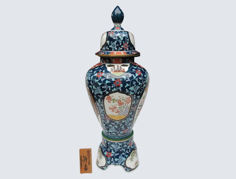 沈香壺 有田焼■金龍窯 博山作 三段壺 特大[h約115cm]色絵花鳥[御所車 鶴松 菊花 鳳凰 南蛮船]飾壺■ 花瓶 札付 伝統工芸 古美術 №8542■_画像3