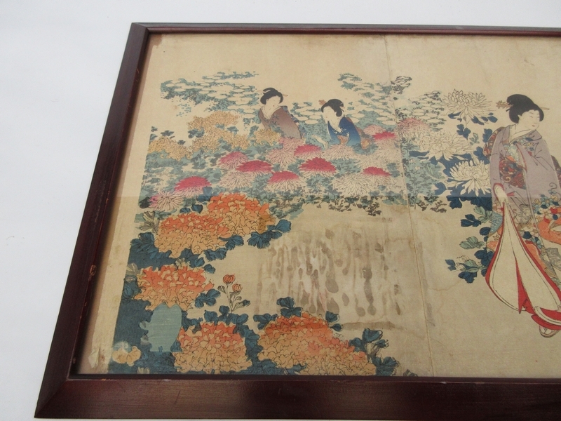 浮世絵 美人画 ■ 楊洲周延 Chikanobu [千代田之大奥 観菊] 三枚続 ■ 明治28年[1895年] 錦絵 木版画 額入 古美術 №8523■_ご入用の方へ！