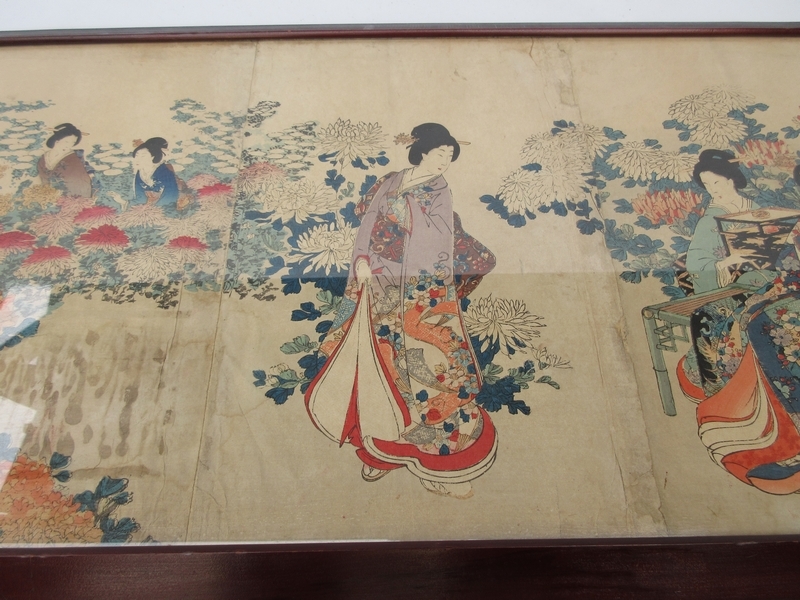 浮世絵 美人画 ■ 楊洲周延 Chikanobu [千代田之大奥 観菊] 三枚続 ■ 明治28年[1895年] 錦絵 木版画 額入 古美術 №8523■_画像3