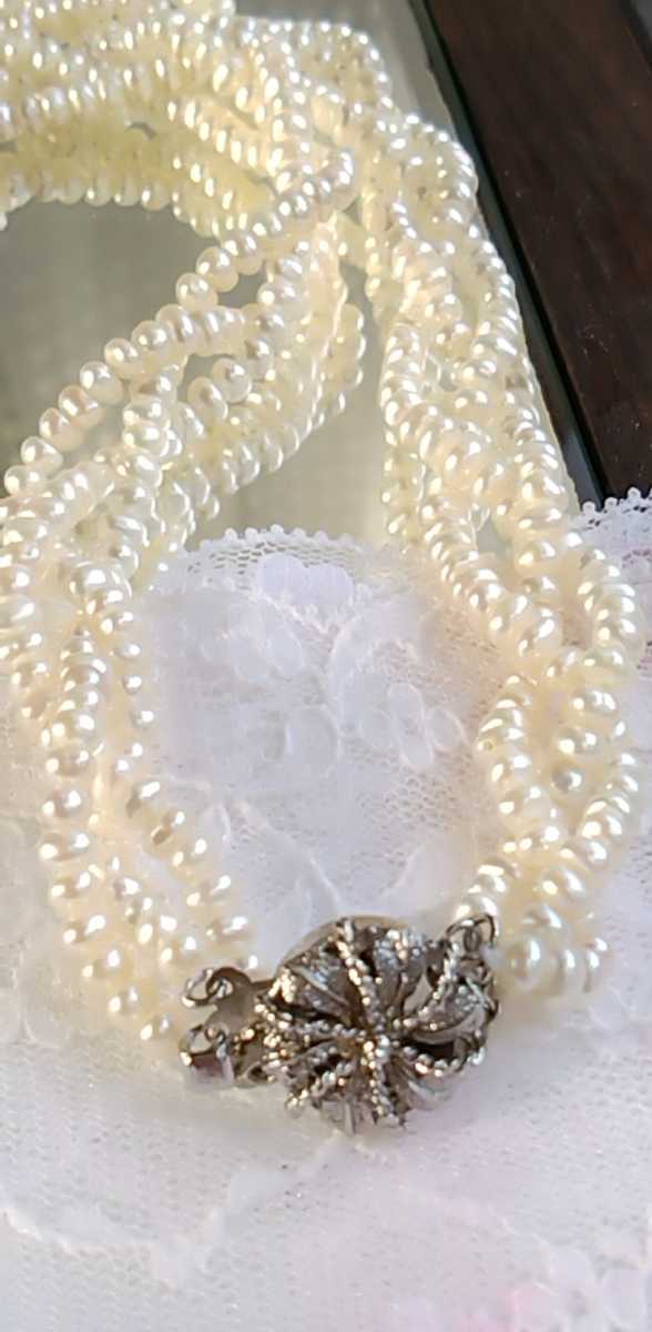 税込】 本真珠 ベビーパール3連 編込みデザインロングネックレス 真珠