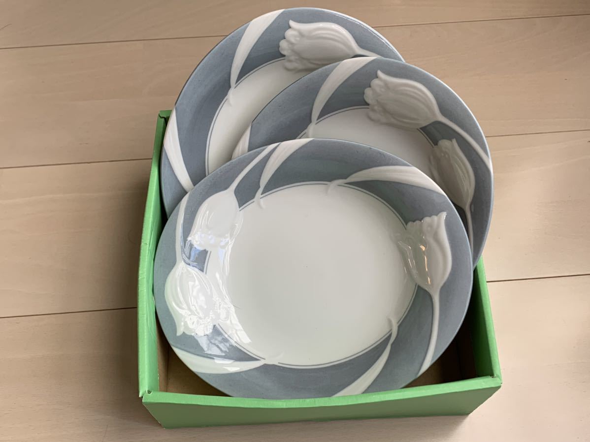 KANETO チューリップ 皿 ３枚 ３客 カレー皿 スープ皿 パスタ皿 洋食器 プレート レトロ 磁器 日本製 MADE INJ APAN ミナの画像2