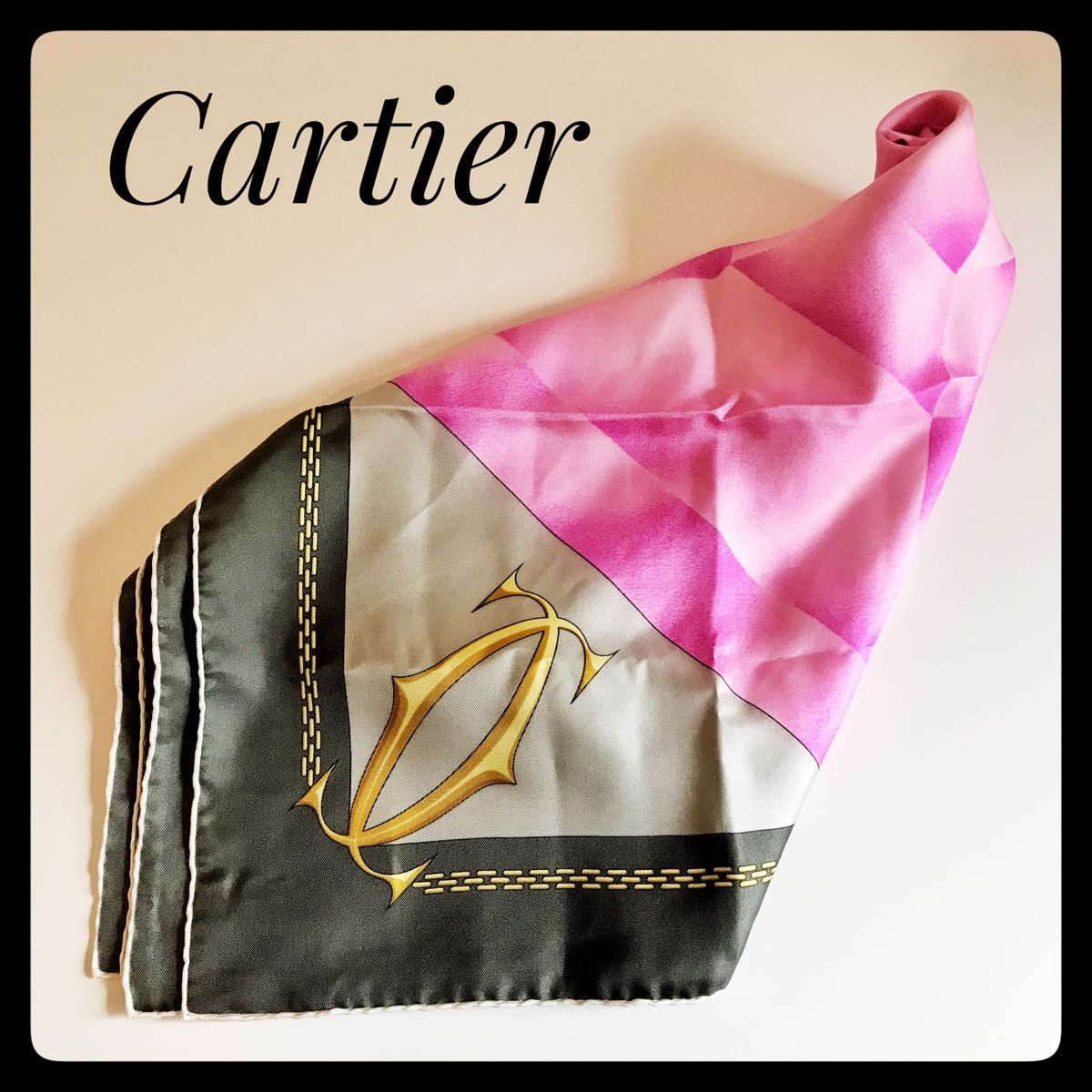 美品】カルティエ シルクスカーフ ピンク マストライン Cartier 大判