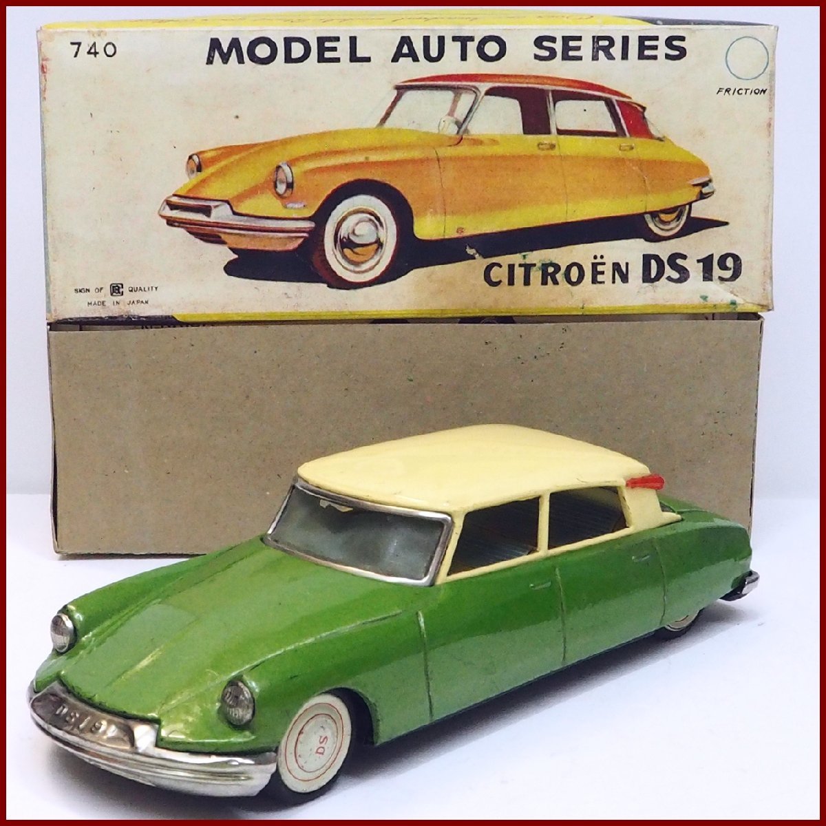 萬代屋 赤箱 740【CITROEN DS19 シトロエン 黄緑】ブリキ ミニチュア自動車ミニカー tin toy car■BC BANDAIバンダイ【箱はコピー】0043