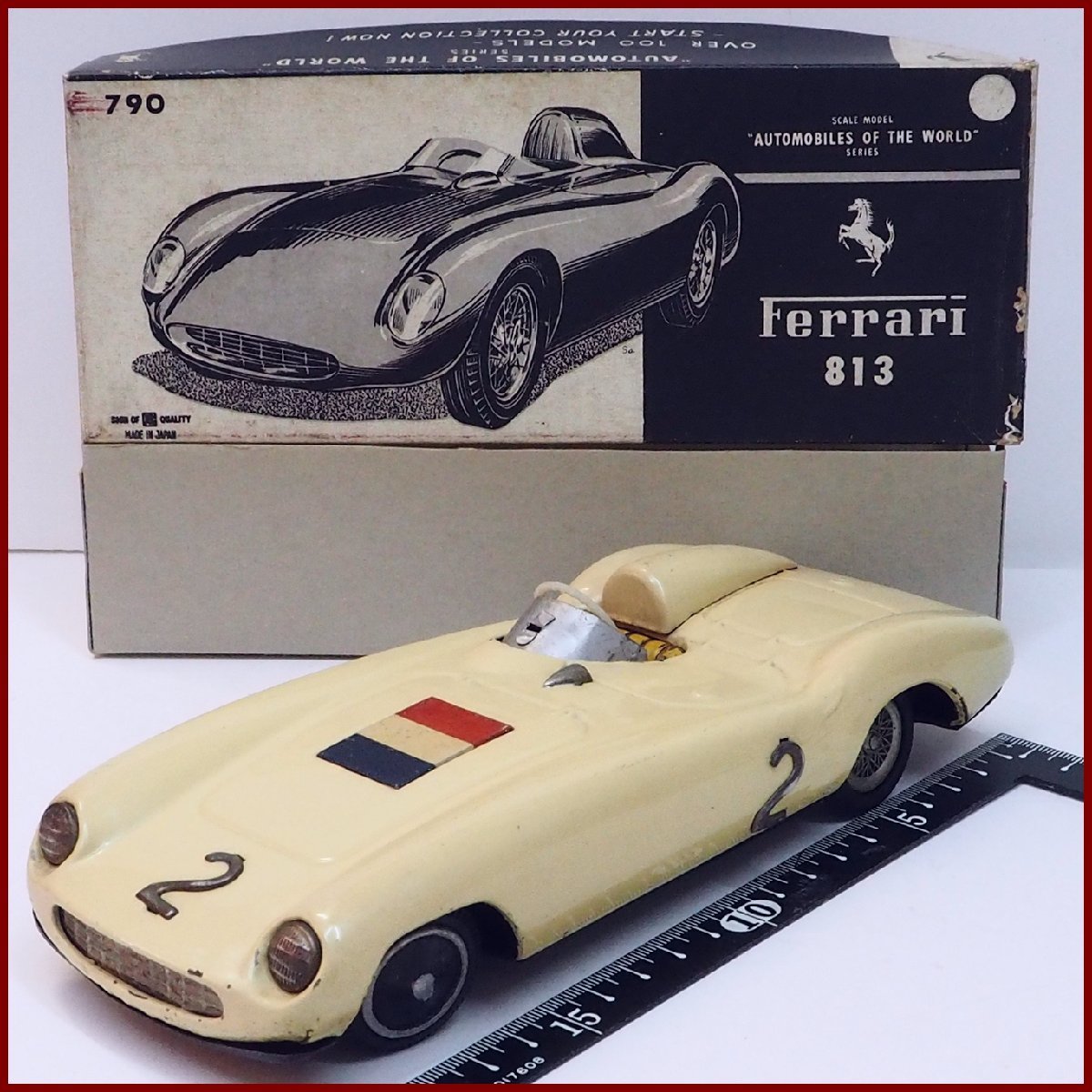 萬代屋 赤箱790【Ferrari 813 フェラーリ 白アイボリー(窓改造)】ブリキ tin toy car自動車ミニカー■BC BANDAIバンダイ【箱はコピー】0052_画像１