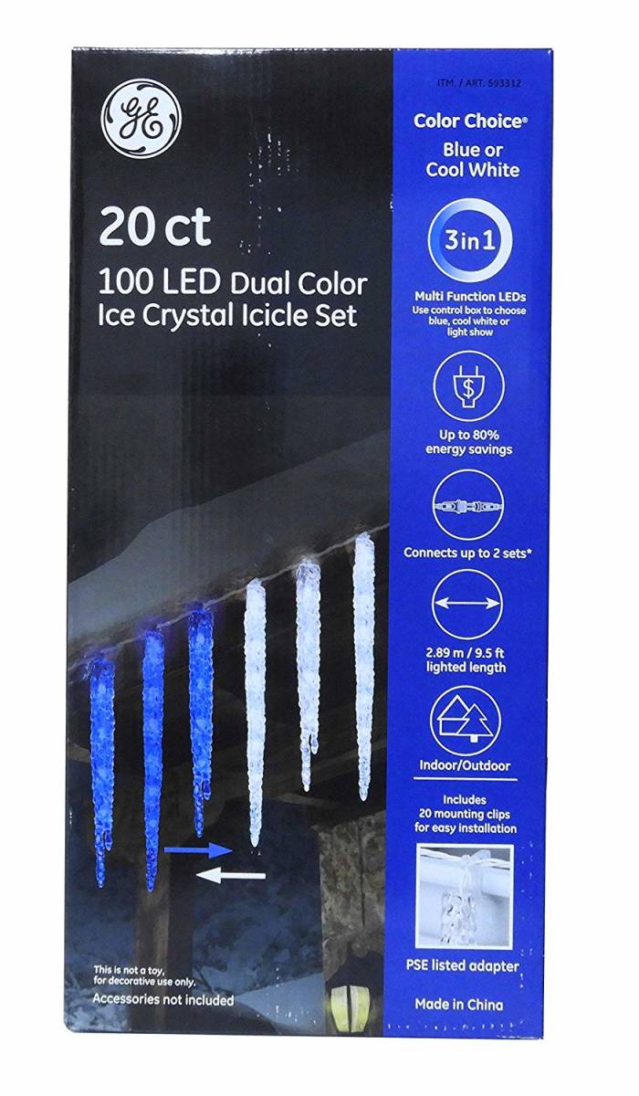 新品 GEゼネラル エレクトリック社製 イルミネーション屋外＆屋内 つらら計20本 Ice Crystal 100LED 青白デュアルカラー連結可能 アメリカ