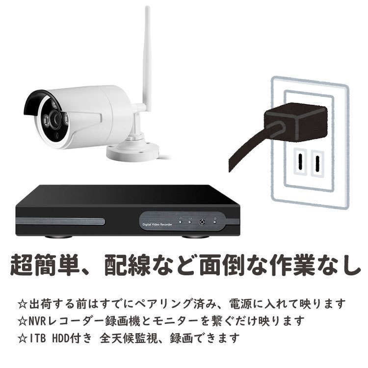 防犯カメラ4台セット 録画機 1TB HDD付き 屋外 ワイヤレス 監視カメラ