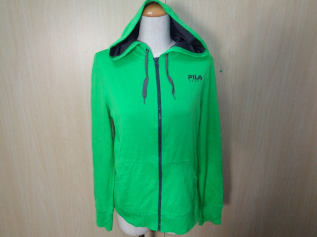 b493◆90's FILA SPORT ジップアップ ジャージ パーカー◆フィラスポーツ Sサイズ 女性 グリーン系 ポリ素材 フーディー ロゴ刺繍入 4L_画像1