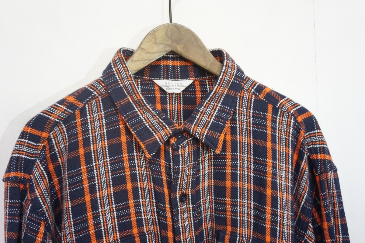 美品20AW UNUSEDアンユーズド CHECK SHIRTS ウール混 チェック ネルシャツ 赤チェック US1852 サイズ3 紺704M▲_画像5