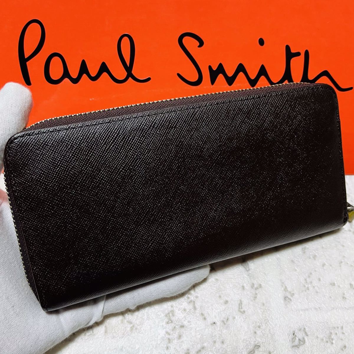 良品 ポールスミス PaulSmith ジップストローグレイン 長財布 ロングウォレット ラウンドジップ ブラウン PSK869 メンズ レディース  8064