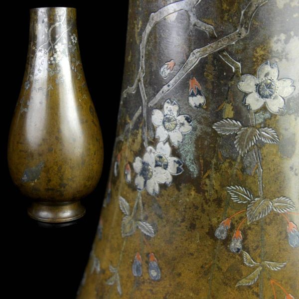 。◆錵◆ 時代金工師造 銅製 花鳥図象嵌花瓶 26cm 1520g 極上品 唐物骨董 [Y41]SS/21.7廻/MK/(100)