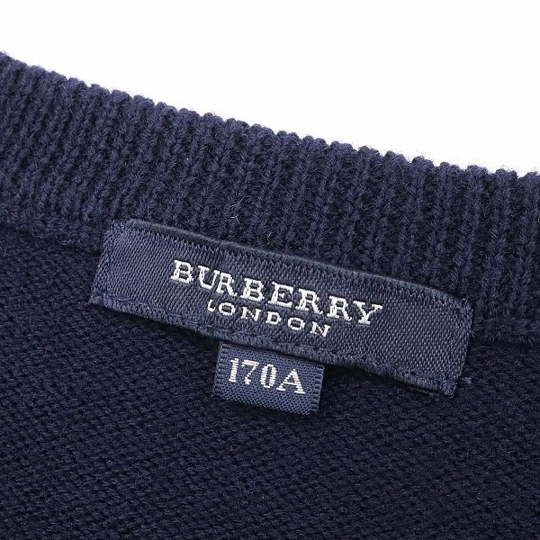 美品 国内正規品◆BURBERRY LONDON バーバリー ロンドン ロゴ ホース刺繍 Vネック ウール ニット セーター ネイビー 170A_画像4