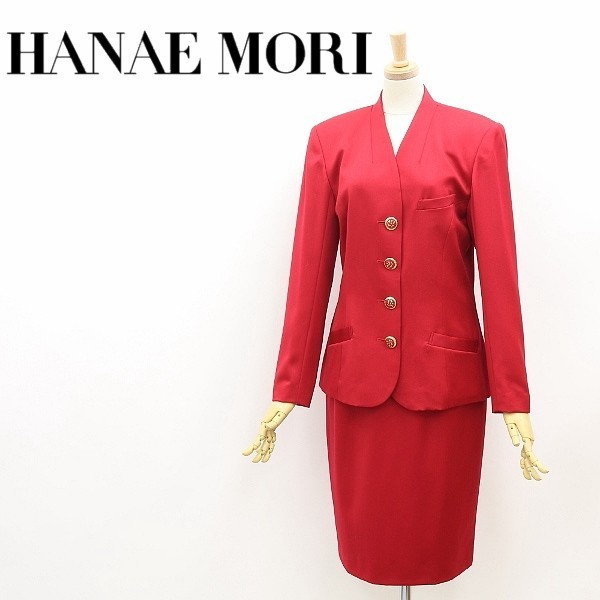 ◆HANAE MORI ハナエモリ ノーカラー デザインボタン ジャケット＆スカート スーツ セットアップ レッド 38