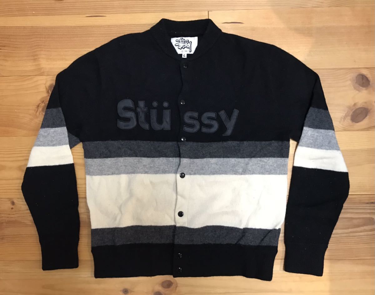 STUSSY ウールストライプワークジャケット L 裏地ボア 刺繍タグ