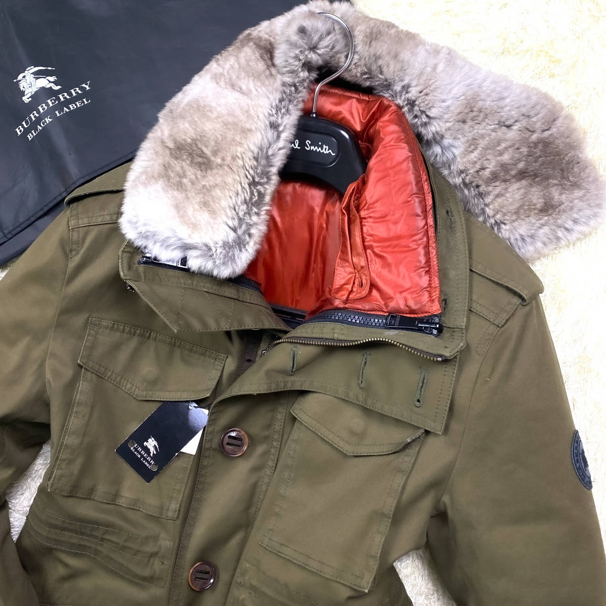 絶版極美品!L~M!バーバリーブラックレーベル ラビットファーダウンジャケット ダウンライナーカーキオリーブ濃緑ブラレBURBERRY BLACKLABEL_画像5