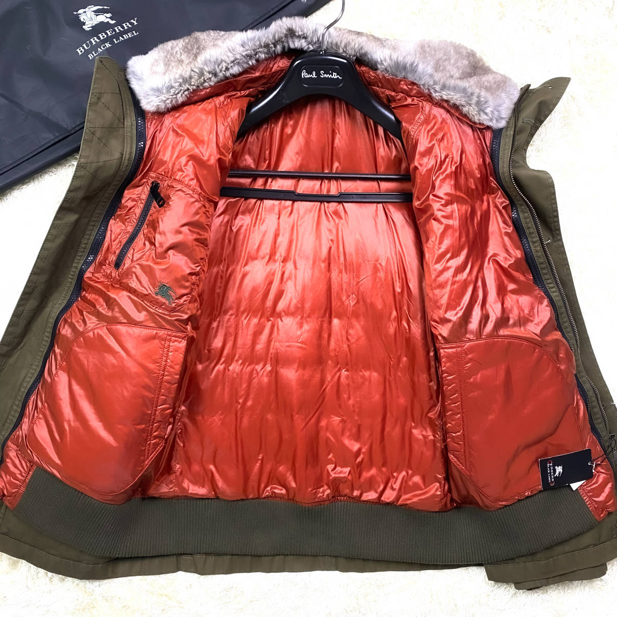 絶版極美品!L~M!バーバリーブラックレーベル ラビットファーダウンジャケット ダウンライナーカーキオリーブ濃緑ブラレBURBERRY BLACKLABEL_画像6