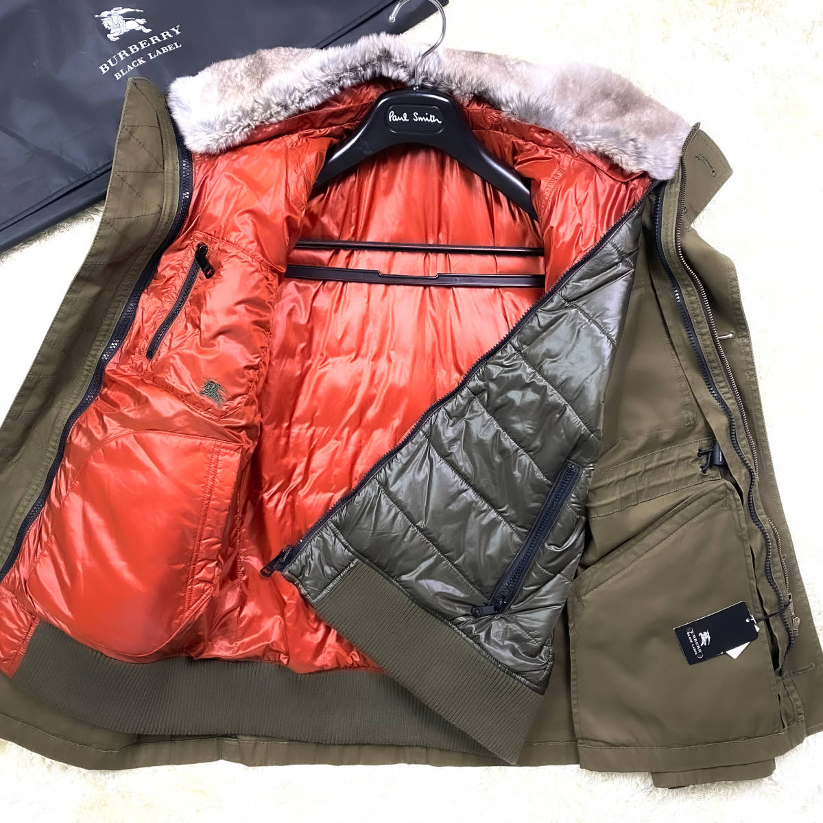 絶版極美品!L~M!バーバリーブラックレーベル ラビットファーダウンジャケット ダウンライナーカーキオリーブ濃緑ブラレBURBERRY BLACKLABEL_画像7