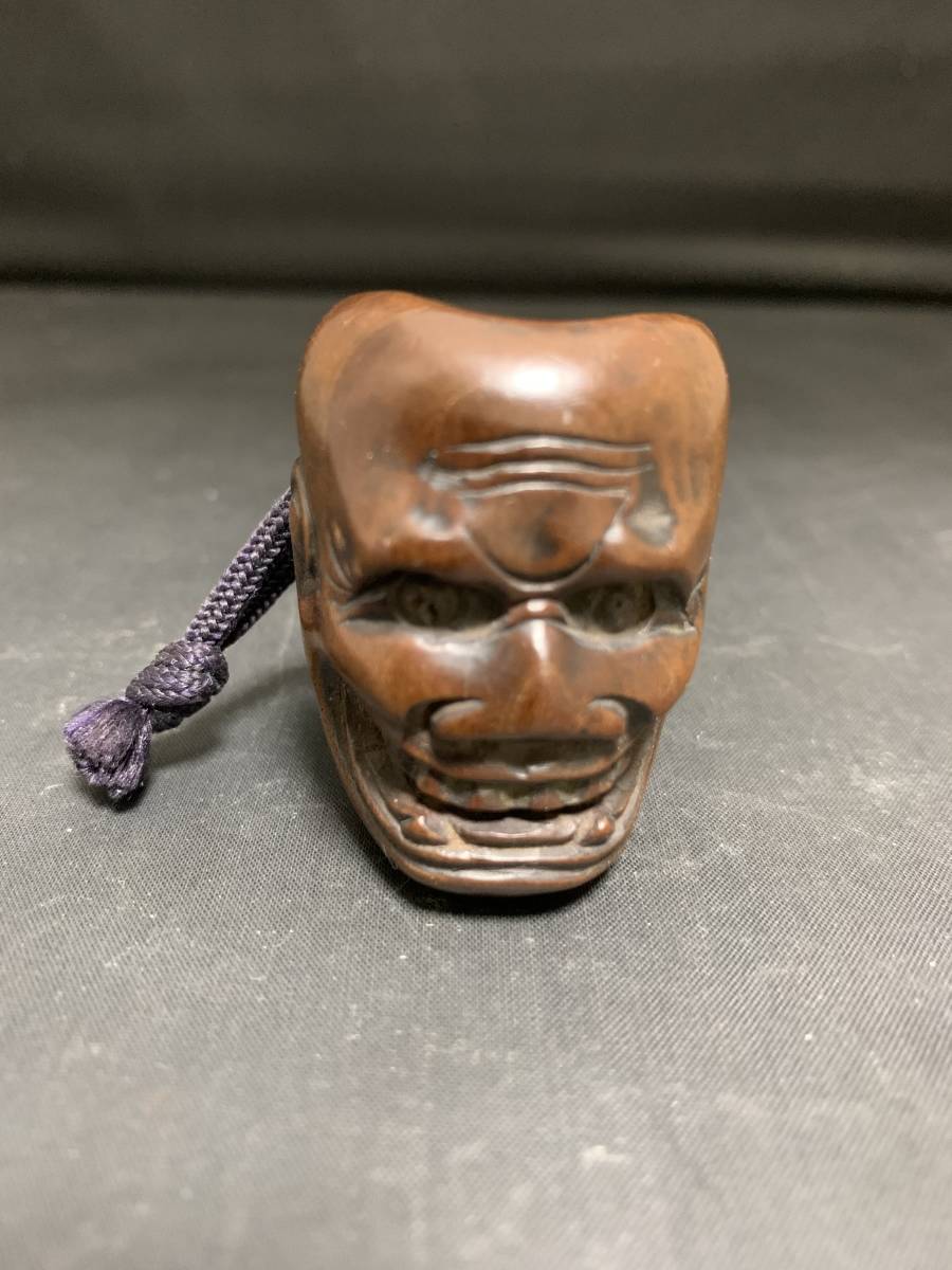 1287 時代物 木彫 根付 面根付 能 出目上満 Yahoo!オークション - 〈@〉時代木彫 鬼神能面根付(出目上満銘