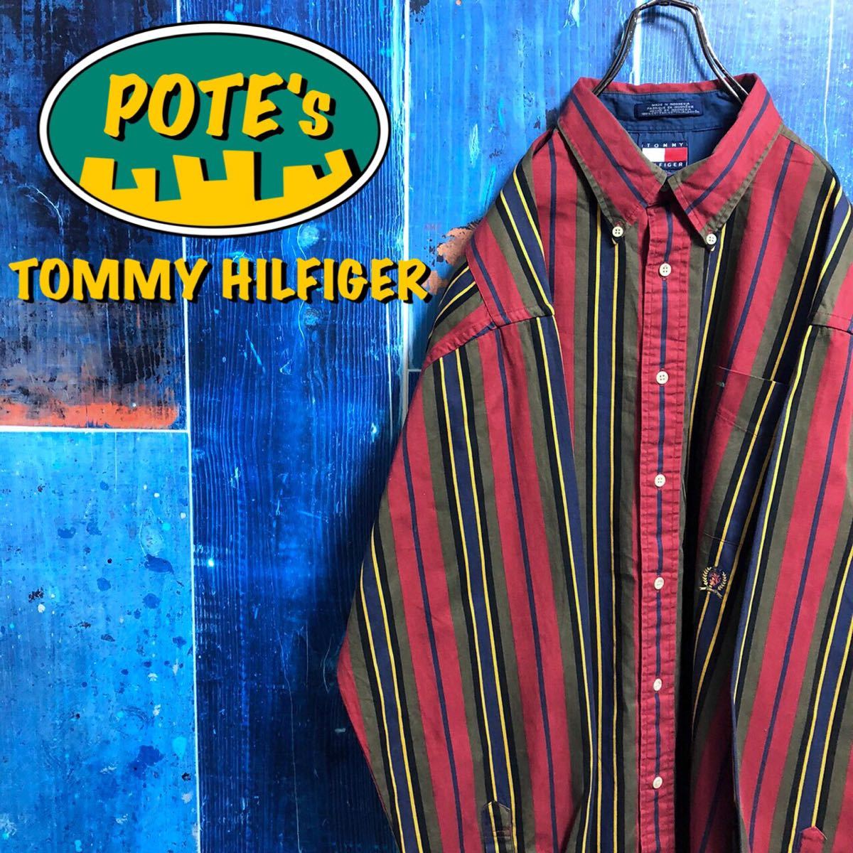 【トミーヒルフィガー】オールド刺繍ロゴビッグクラシックレトロストライプシャツ 90s 長袖シャツ
