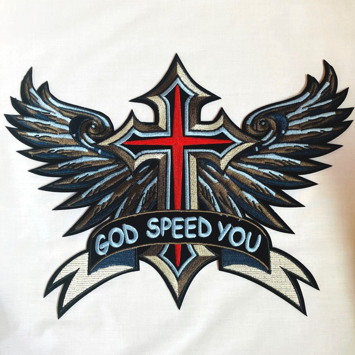 GOD SPEED YOU 大きい 大きな クロス ワッペン 翼 ジャケット オートバイ 刺繍 スカル ハーレー 革ジャン 羽