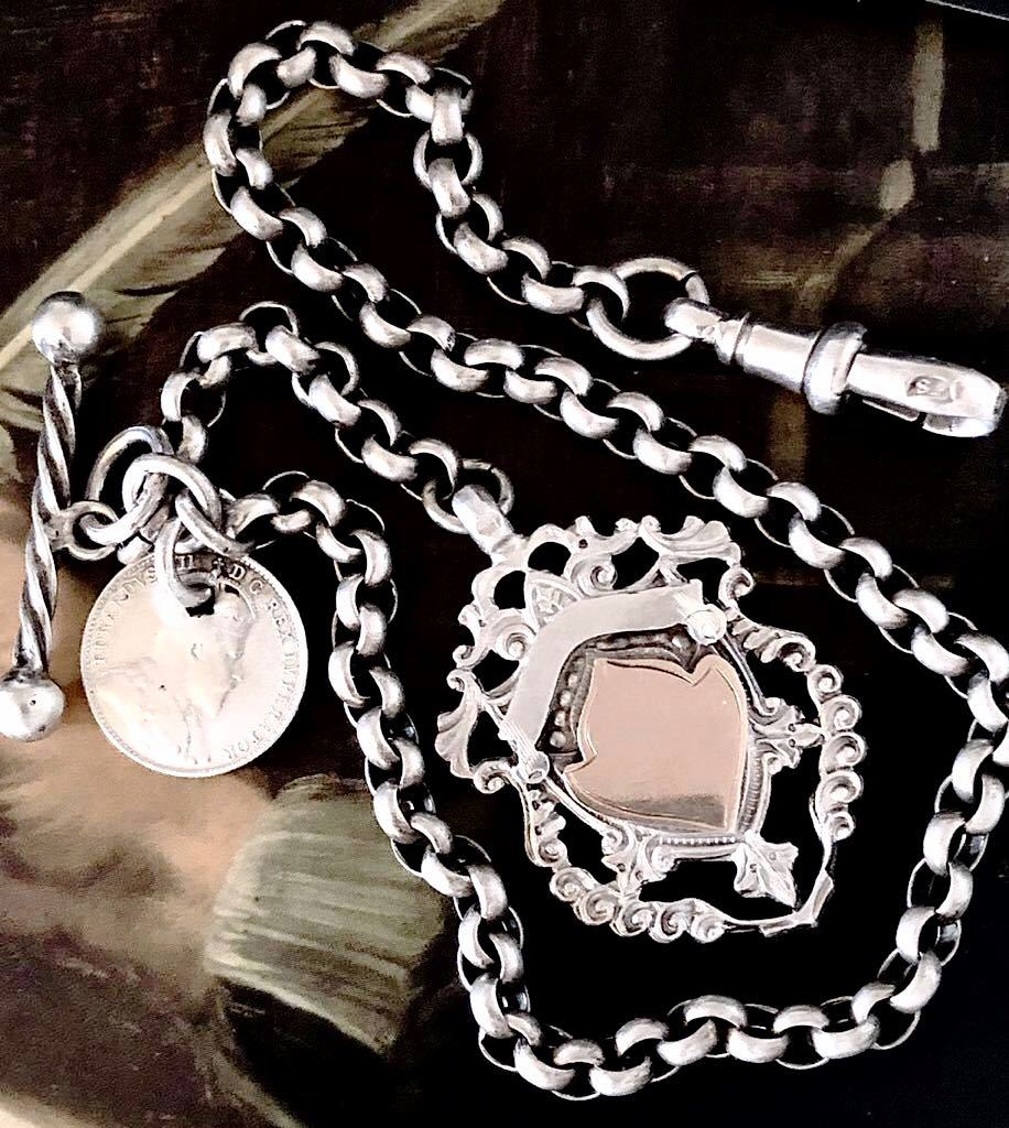 英国アンティーク シェールド型 ローズゴールド&コインフォブ エドワード7世国王 銀貨 懐中時計 シルバー リンクチェーン 純銀 1910年WHH社