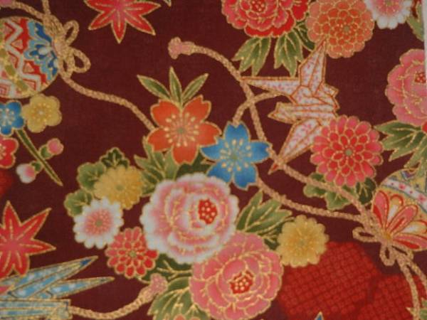 木綿の半衿、豪華花、赤、折鶴入り_画像2
