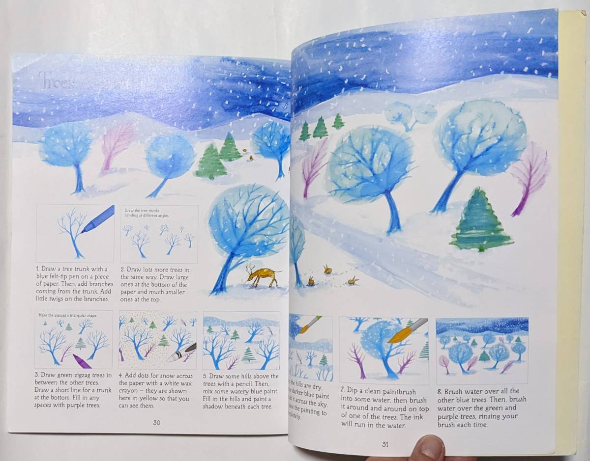 クリスマスの描き方「How to draw Christmas」シール未使用あり/ツリー/サンタ/天使/トナカイ/エルフ/雪/雪だるま/英語/ペーパーバック_画像10