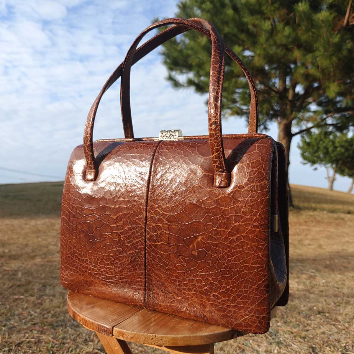 新品】亀革 タートルレザー ハンドバッグ がま口 ブラウン