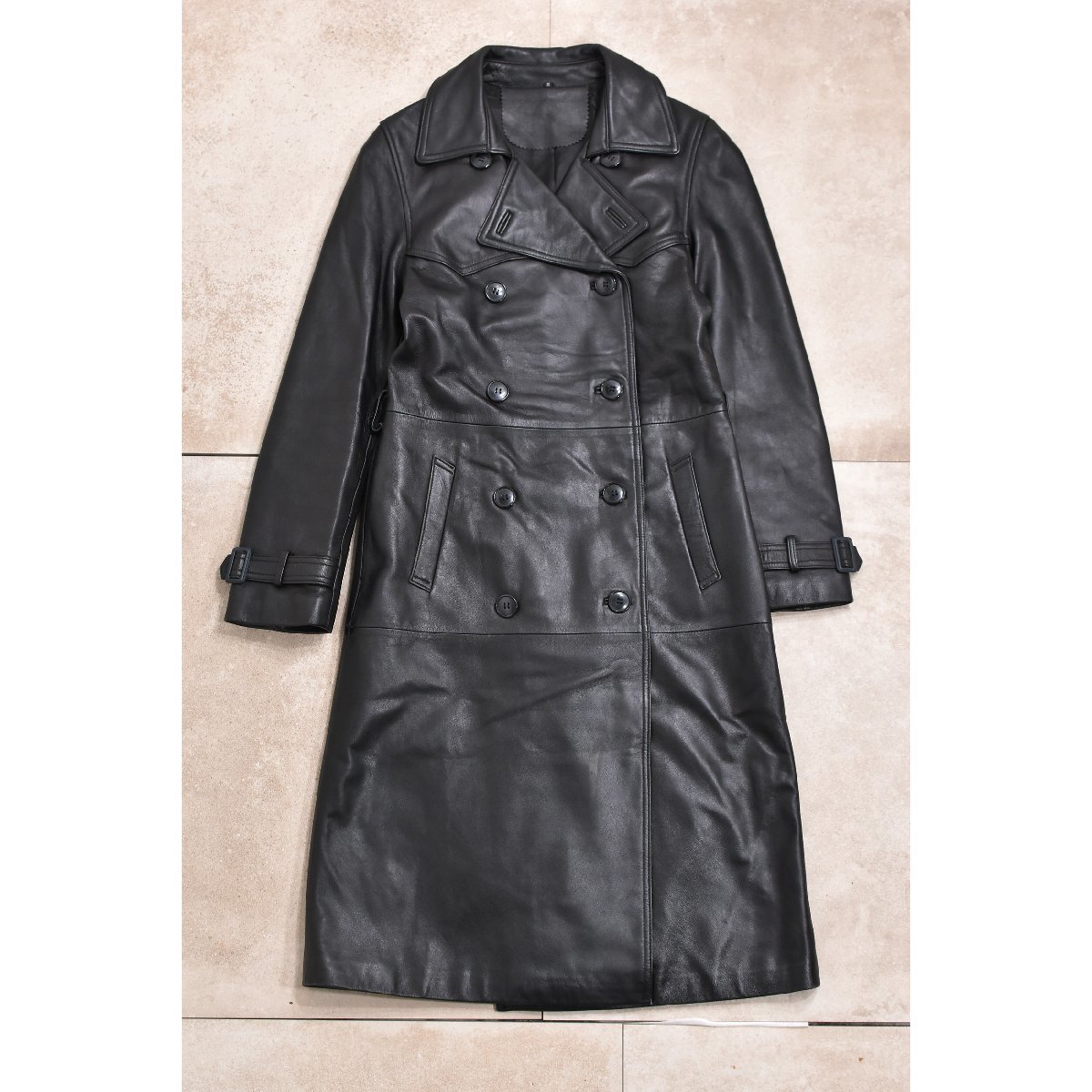  lady's S size sheepskin black leather trench coat original leather old clothes long coat Italian leather Sheepski